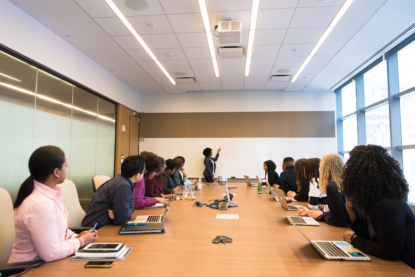 Team collaborating in a modern meeting room