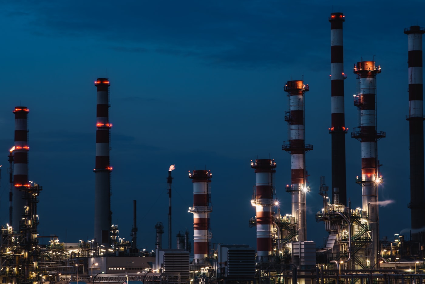 Oil refinery lit up at night