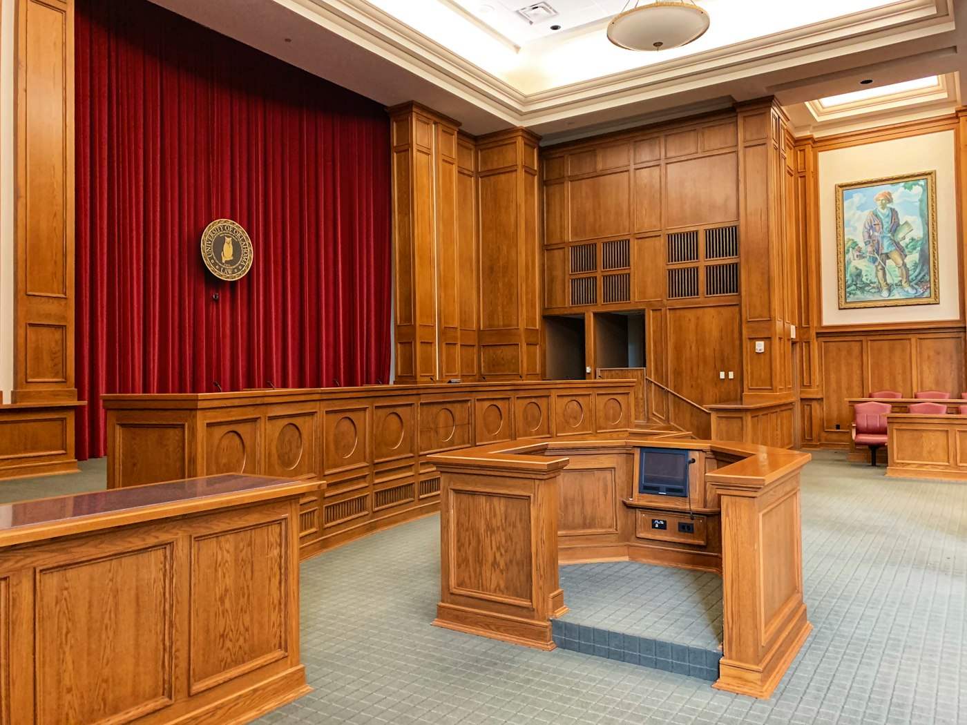 Wood-panelled courtroom interior