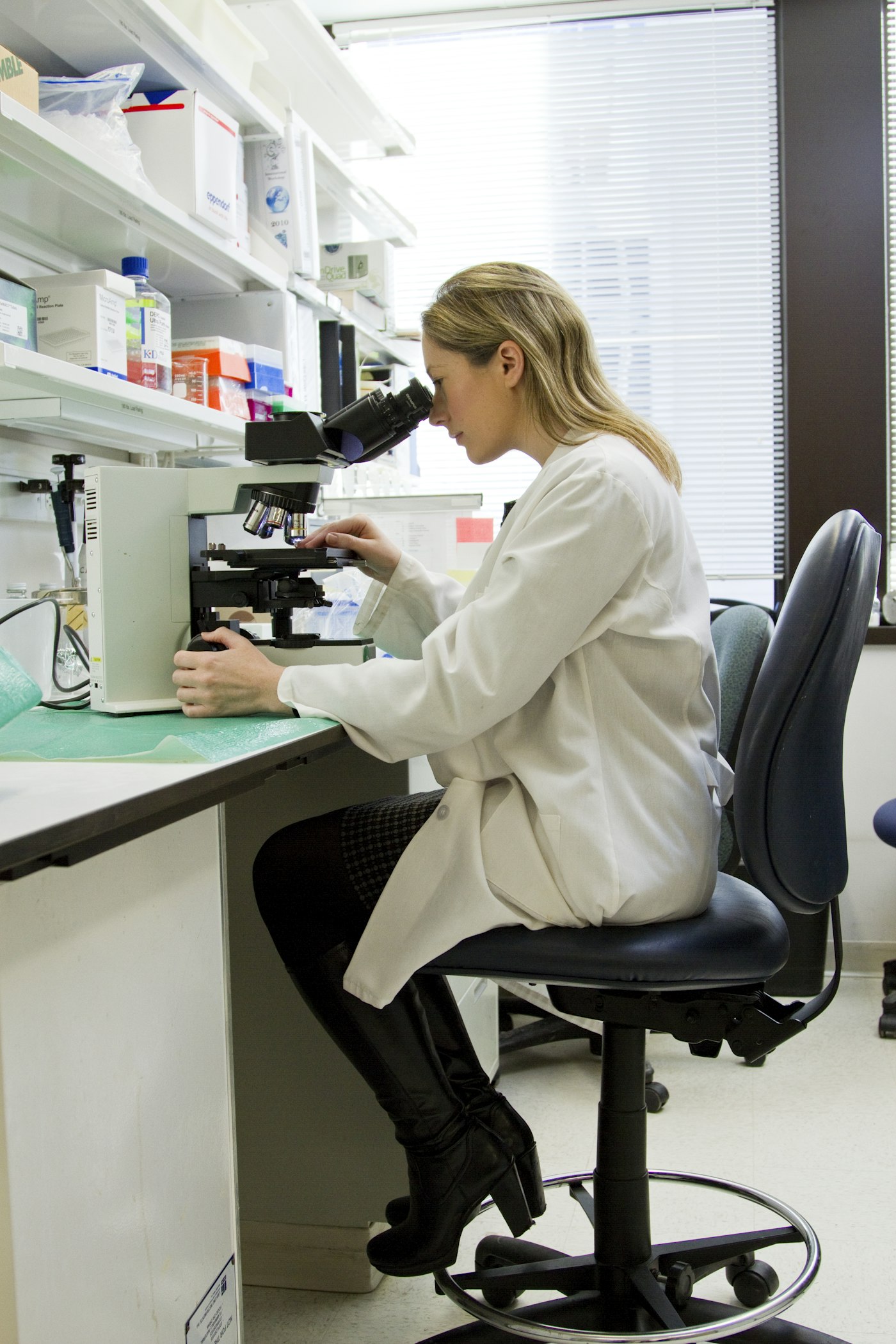 Scientist looking through a microscope in a laboratory