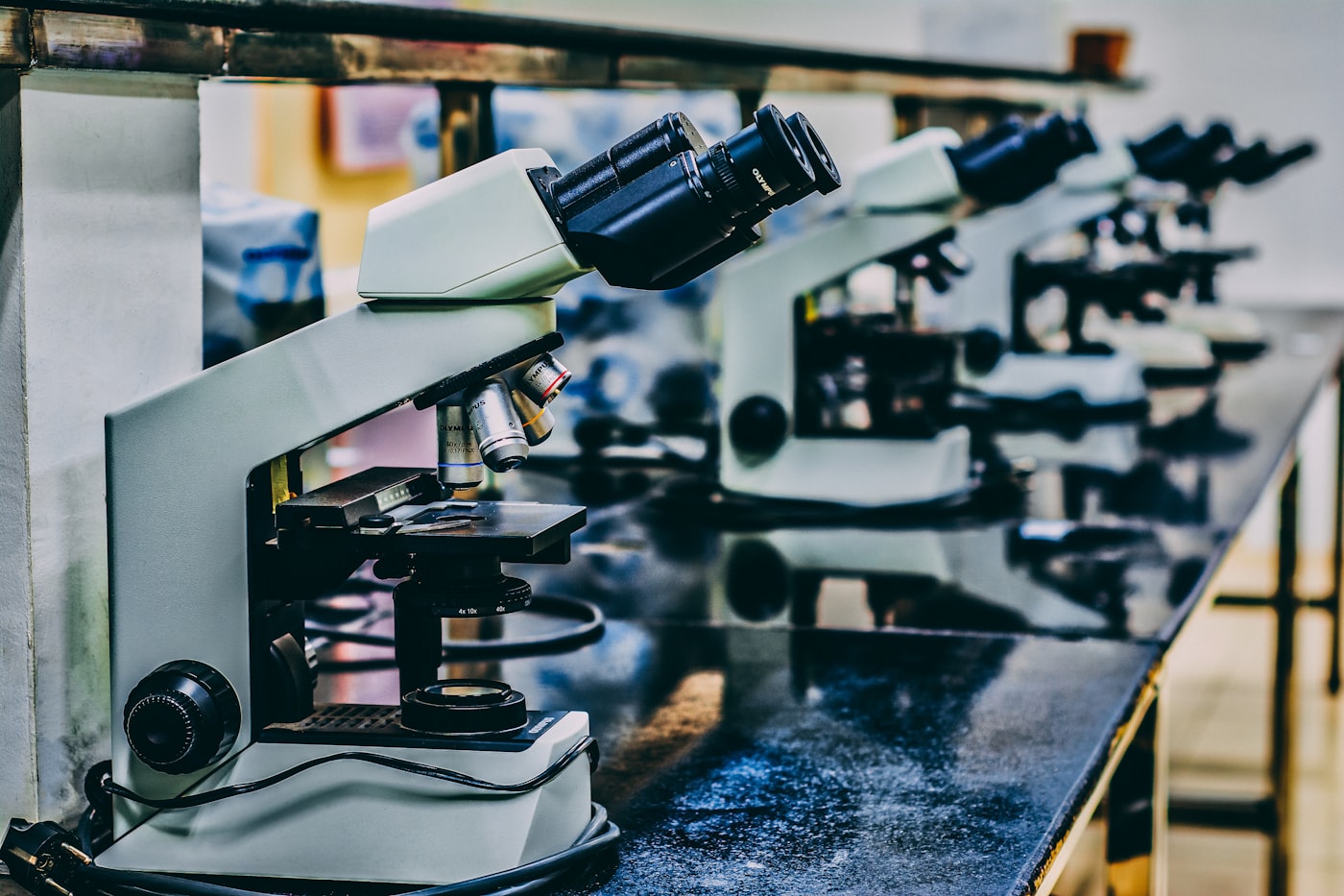 Row of microscopes in a medical laboratory