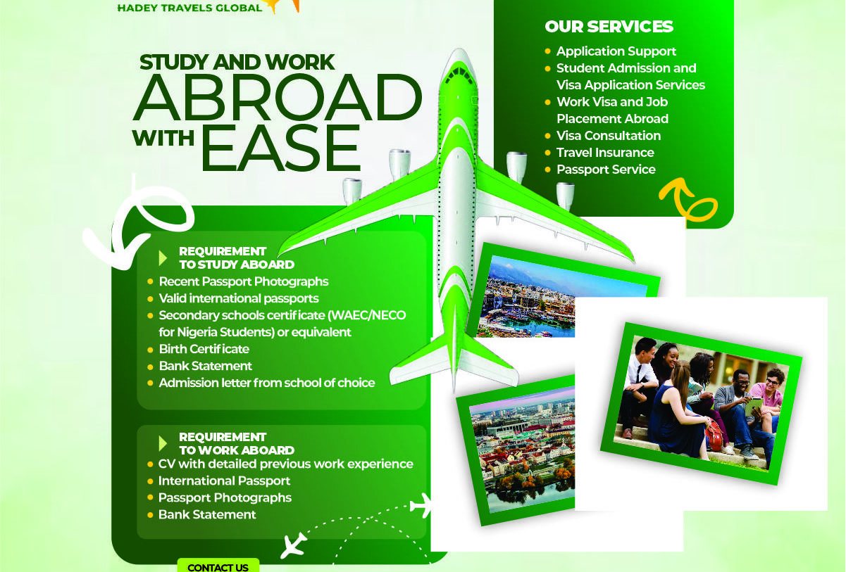 Affordable Countries to Study And Work Abroad 6 A promotional flyer for Hadey Travels Global Limited, a company specializing in study and work abroad programs. It lists their contact information, services, and the required documents for both student and work visas processing